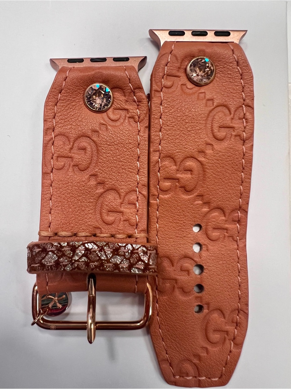 Spark*l band GG Coral Pink Leather Watch Strap with Vintage Rose Crystal Accent - Picture 4 of 5
